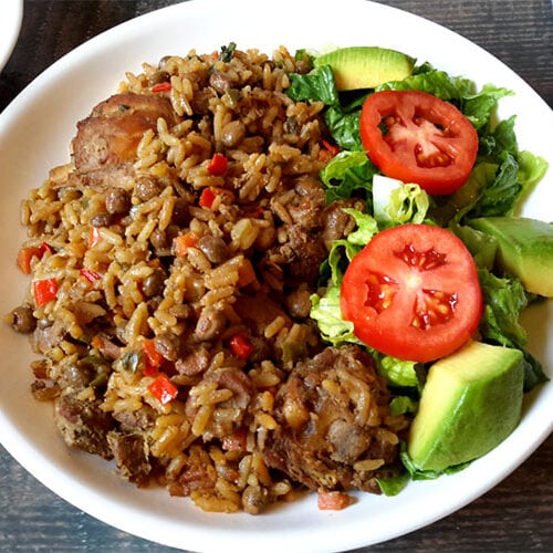 Trini Pelau with chicken and pigeon peas